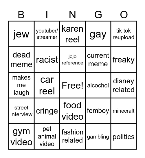 Instagram reel bingo Card