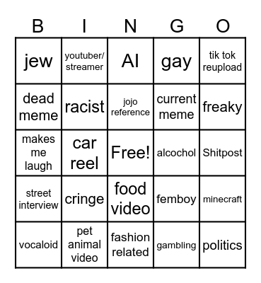 Instagram reel bingo Card
