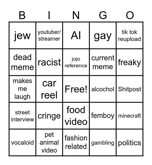Instagram reel bingo Card