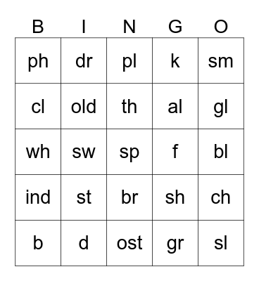 Diagraphs Bingo Card