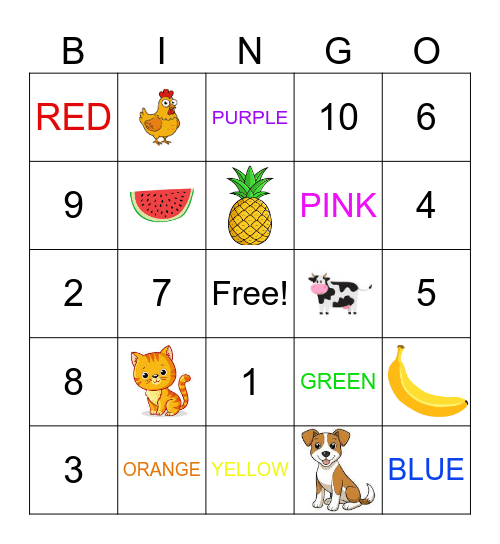 numbers/colors/fruits/animals Bingo Card