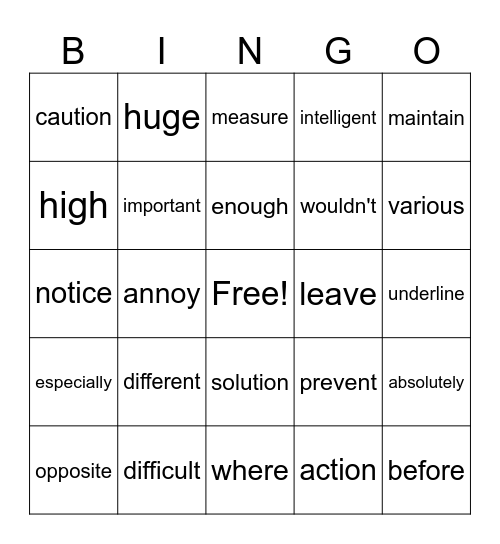 Sight Word Bingo Card