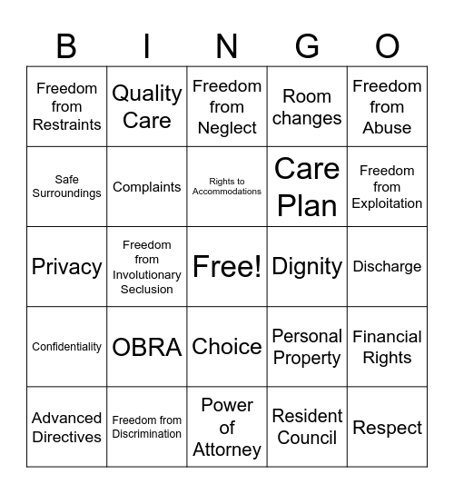Residents' Rights Bingo Card