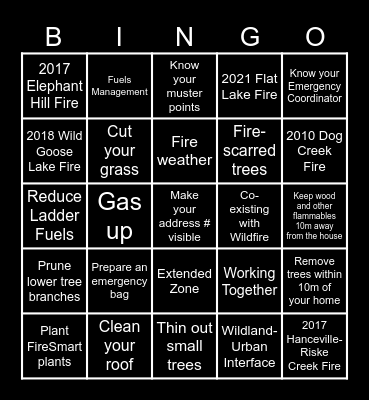 Wildfire Connections Bingo Card