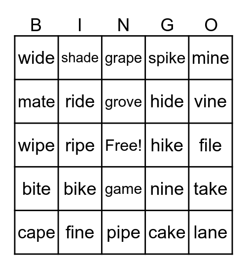 VCe Bingo Card