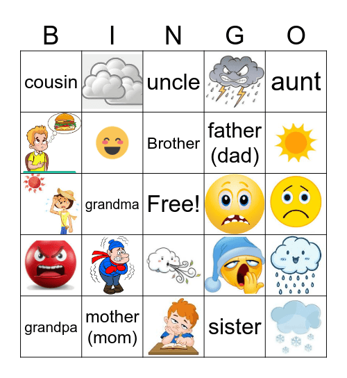 family/feelings/weather Bingo Card
