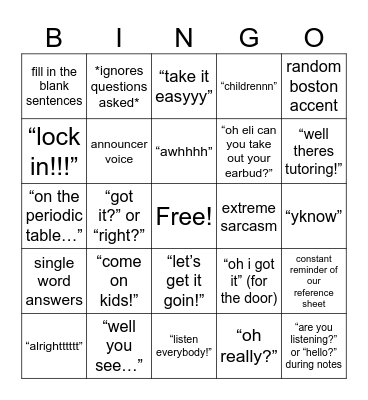 Chemistry - Mr. Wood Bingo Card