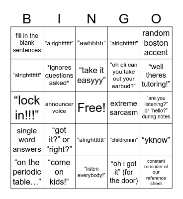 Chemistry - Mr. Wood Bingo Card