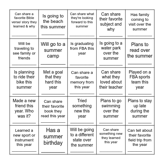 Find Someone Who Bingo Card