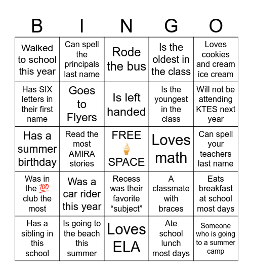 END OF 4th GRADE Bingo Card
