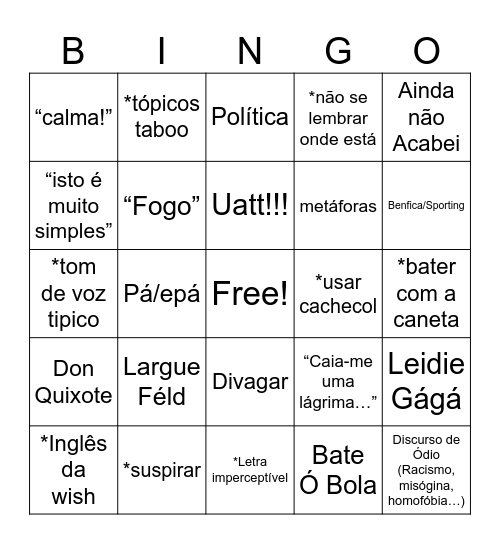 Bingo do professor Camilo Bingo Card