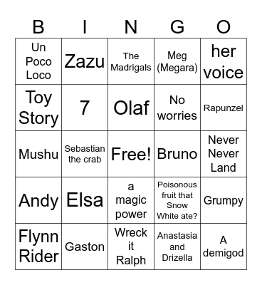 Disney Trivia Bingo Card