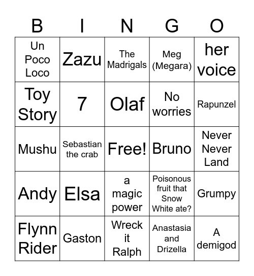 Disney Trivia Bingo Card