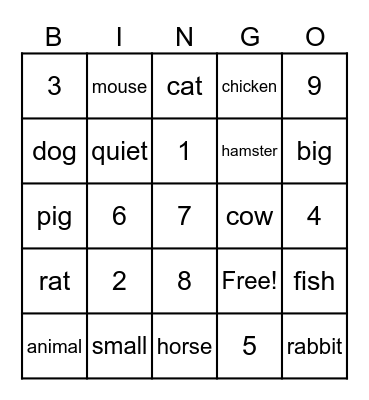 Animal Bingo Card
