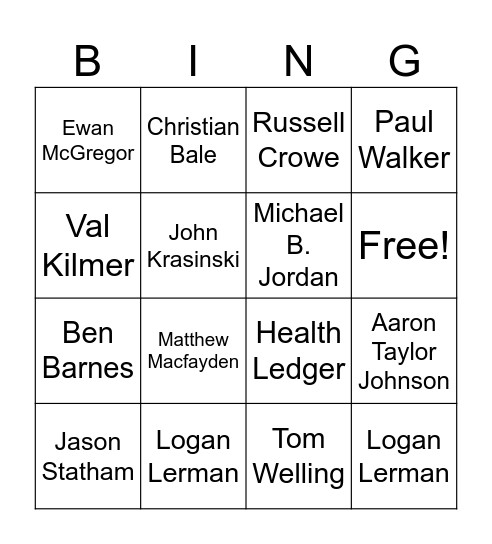 Annika's Celebrity Crushes Bingo Card