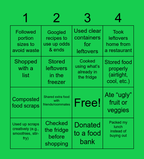 Food Waste Bingo 2 Bingo Card