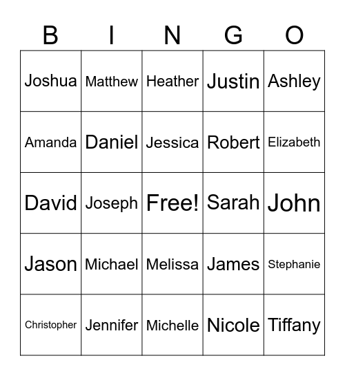 Popular Baby Names - 1980's Bingo Card