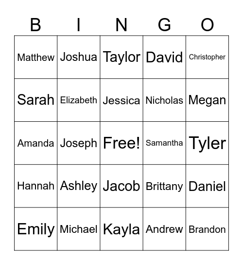 Popular Baby Names - 1990's Bingo Card