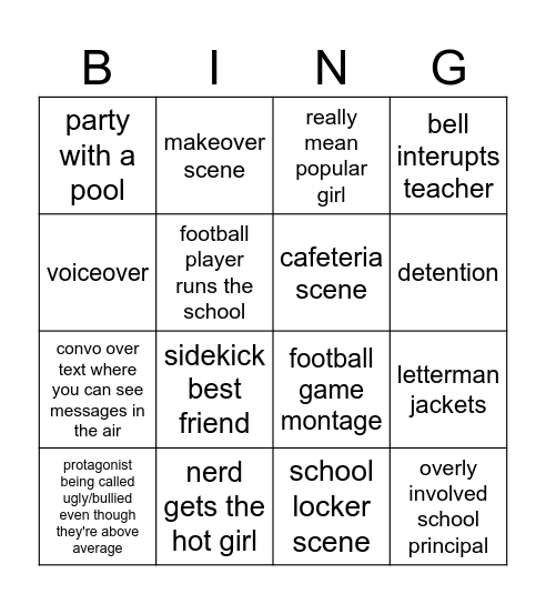 american high school movie Bingo Card