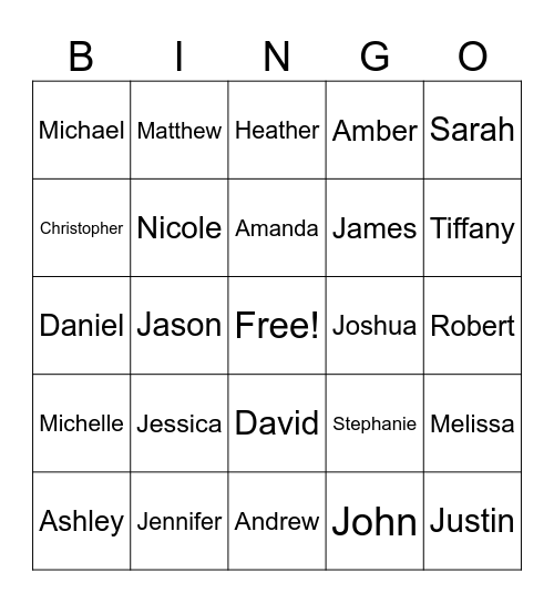 Popular Baby Names - 1980's Bingo Card