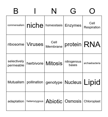 Biology EOC Review Bingo Card
