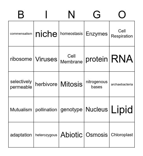 Biology EOC Review Bingo Card