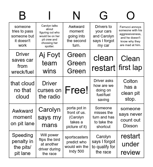 Indy Car 2025 Indy grand prix Bingo Card