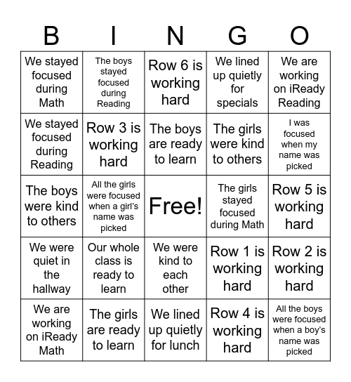Classroom Bingo Card