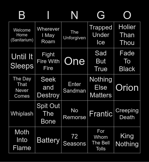 Metallica VT#25 Bingo Card