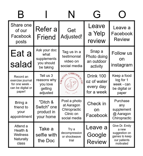 Aaragon Chiropractic Spring Bingo Card