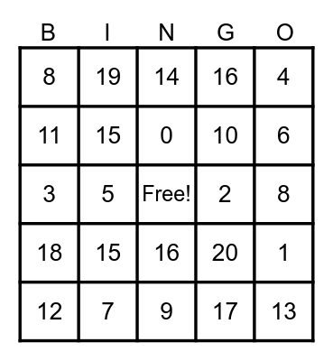 Number Bingo Card