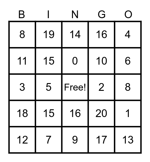 Number Bingo Card