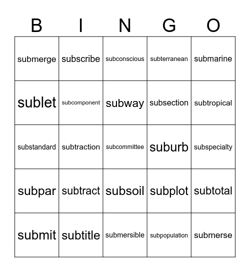 sub (under/below) Bingo Card