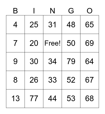 Number Bingo Card