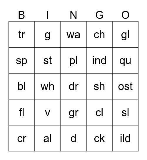 Diagraphs Bingo Card