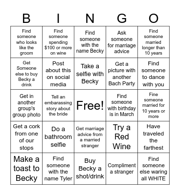 Bachelorette Wine Tasting Bingo Card