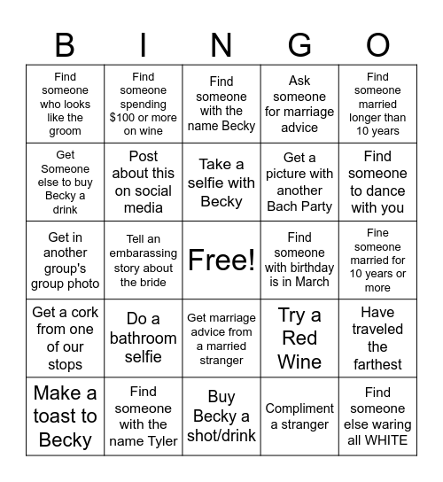 Bachelorette Wine Tasting Bingo Card