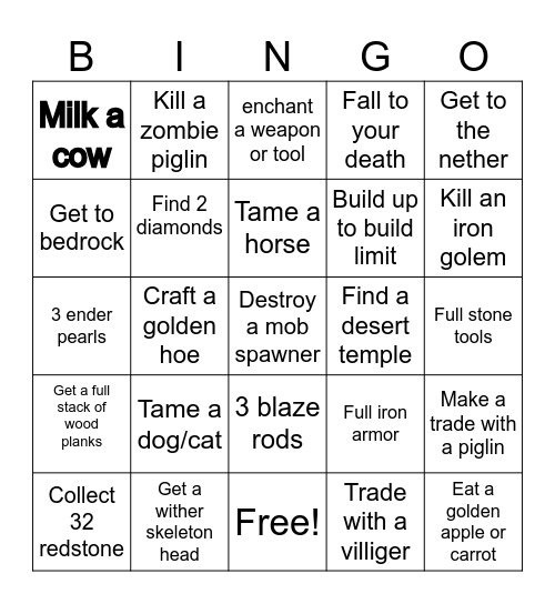 Mincraft bingo Card