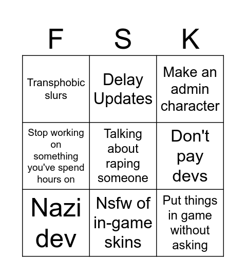 Forsaken Allegations Bingo Card