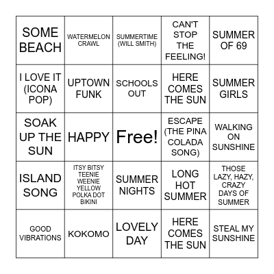 SUMMER SONGS Bingo Card