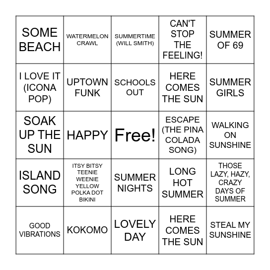 SUMMER SONGS Bingo Card