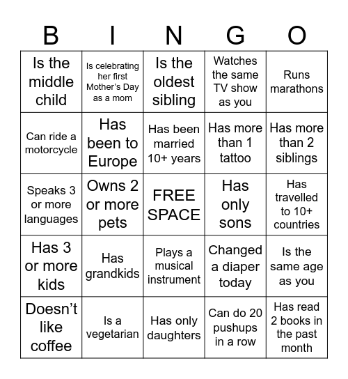 Find A Mom Who... Bingo Card