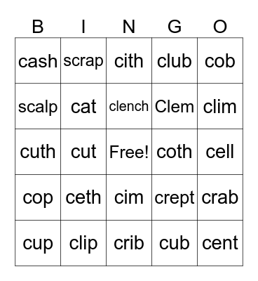 Kiss the Cat: 2 Sounds of C Bingo Card