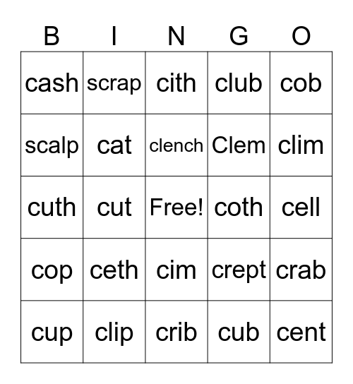 Kiss the Cat: 2 Sounds of C Bingo Card