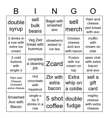 Zarraffas Bingo Card