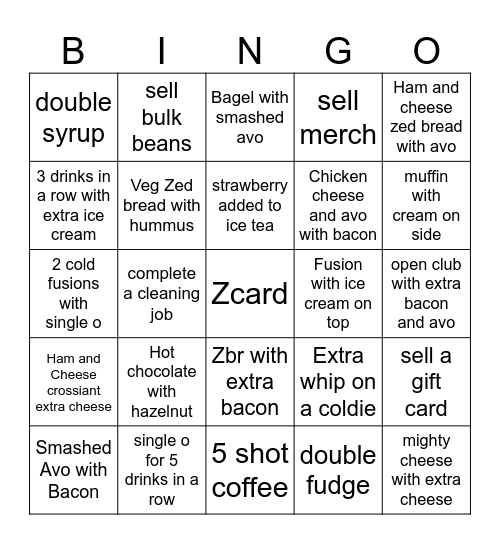 Zarraffas Bingo Card