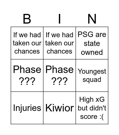 PSG vs Arsenal excuse bingo Card