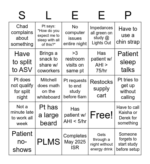 Sleep Tech Appreciation Week Bingo Card