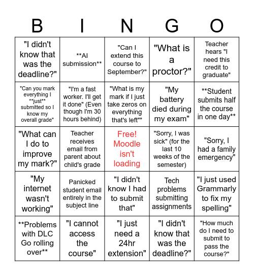 DLC End-Of-Semester Bingo Card Bingo Card