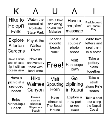 Hawaii Trip 2025 Bingo Card